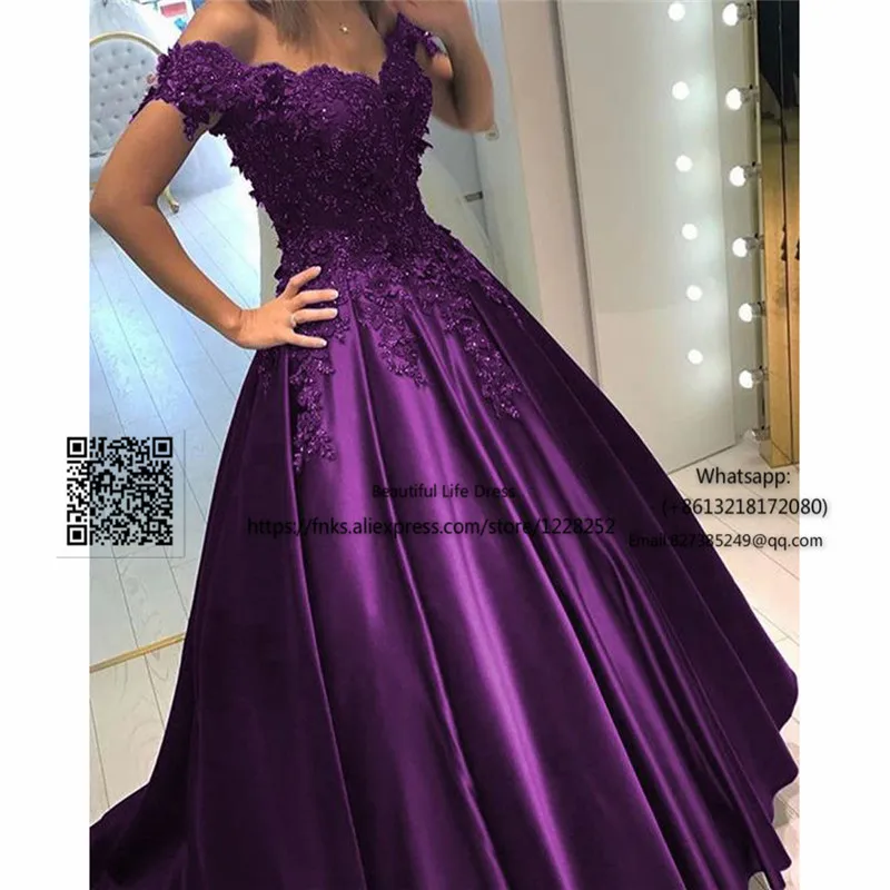 A-line Off-the-shouler Grape Satin Sweep Train Prom Dress with Appliques Beading 2