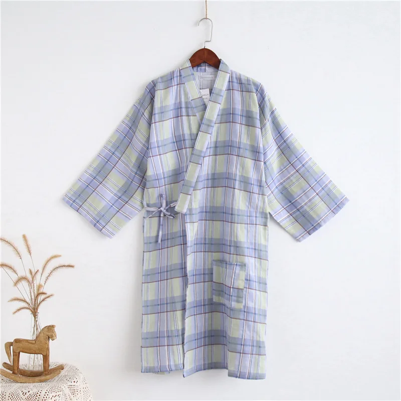 Летний тонкий стиль, хлопок, марлевые халаты, вязаные женские халаты, одежда для сна размера плюс, кимоно, ночной халат, длинный халат - Цвет: Blue plaid