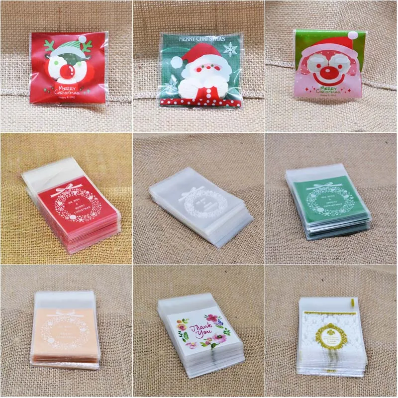 100Pcs Christmas Cookie Candy Package Gifts Bag DIY Self Adhesive OPP Bags For Xmas Home Party Packing Decoration Baking Supply
