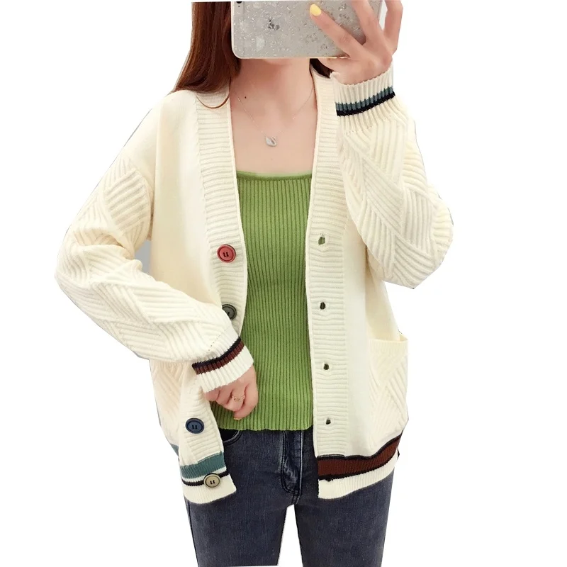 

Spring Autumn Women Cardigan Sweater V-neck Pocket Sweater Women Knitted Jacket Loose Long Sleeve Tops