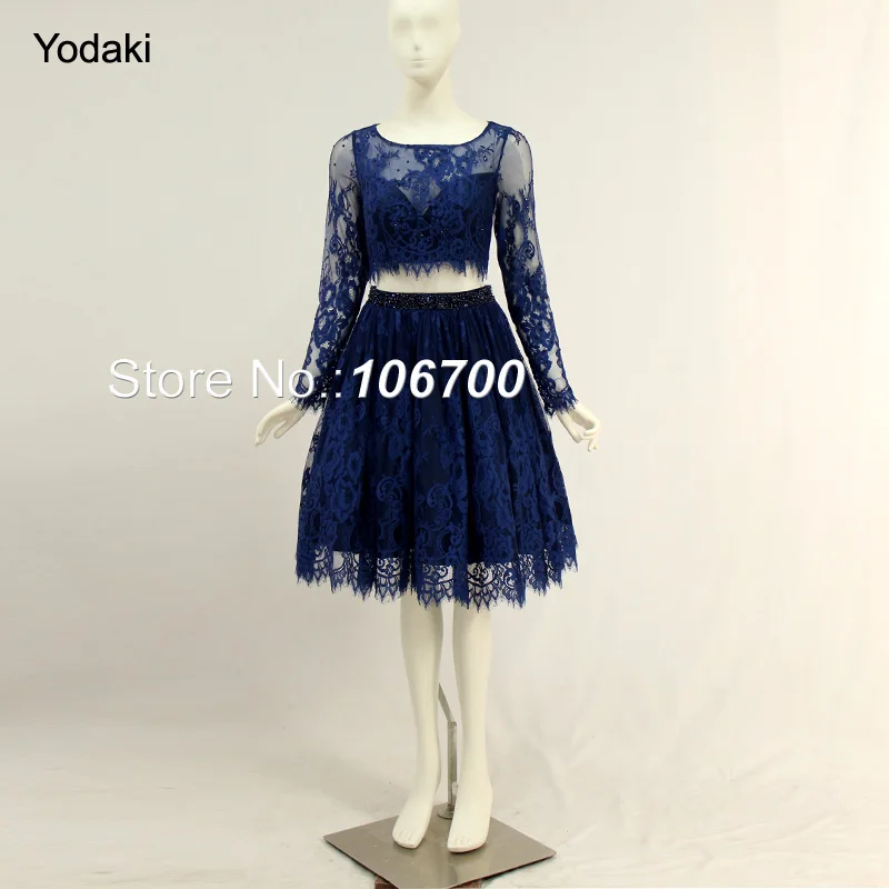 Two Pieces White Blue Lace Short Prom Dresses Crystal Beads Boat