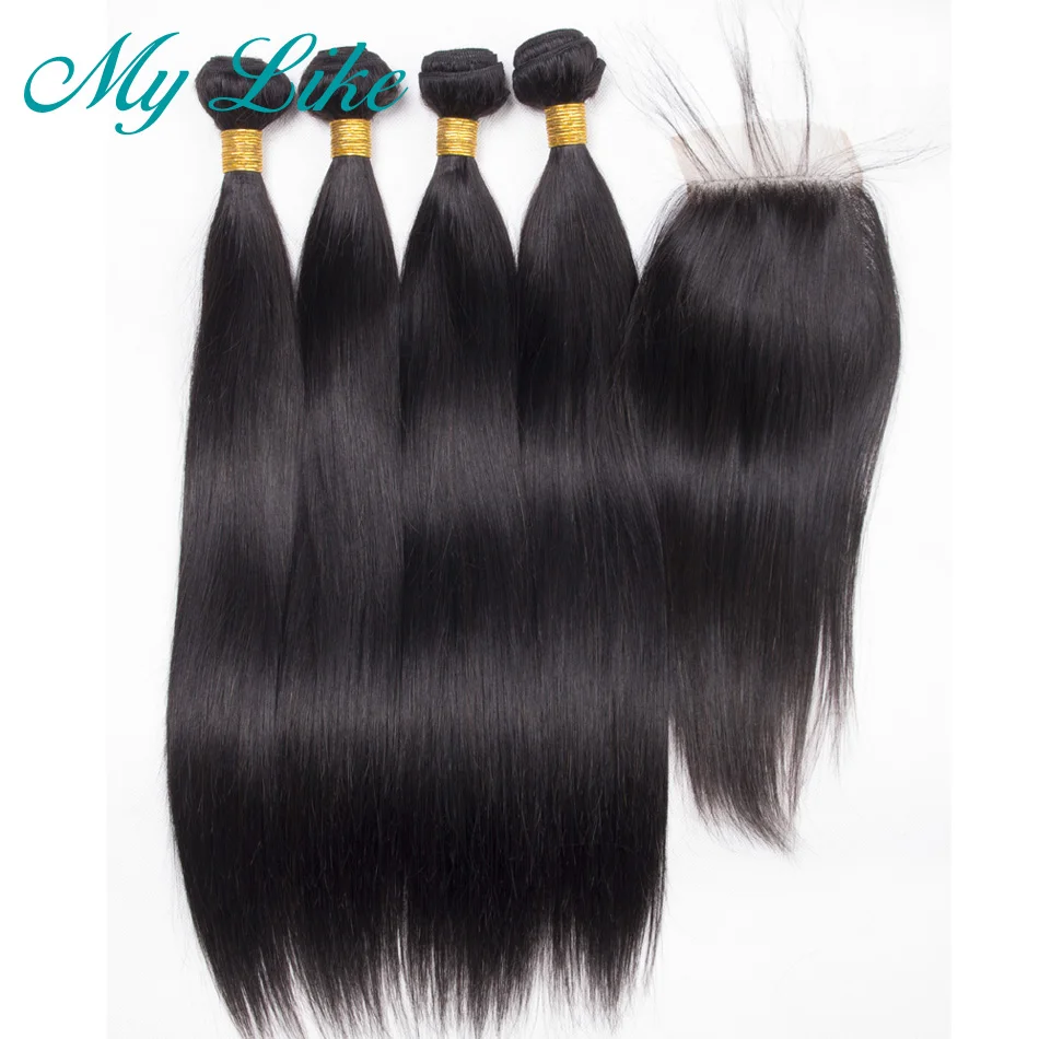 

My Like Straight Brazilian Hair Weave Bundles with Closure Natural Black Human Hair Extension 4 Bundles with Closure Non remy
