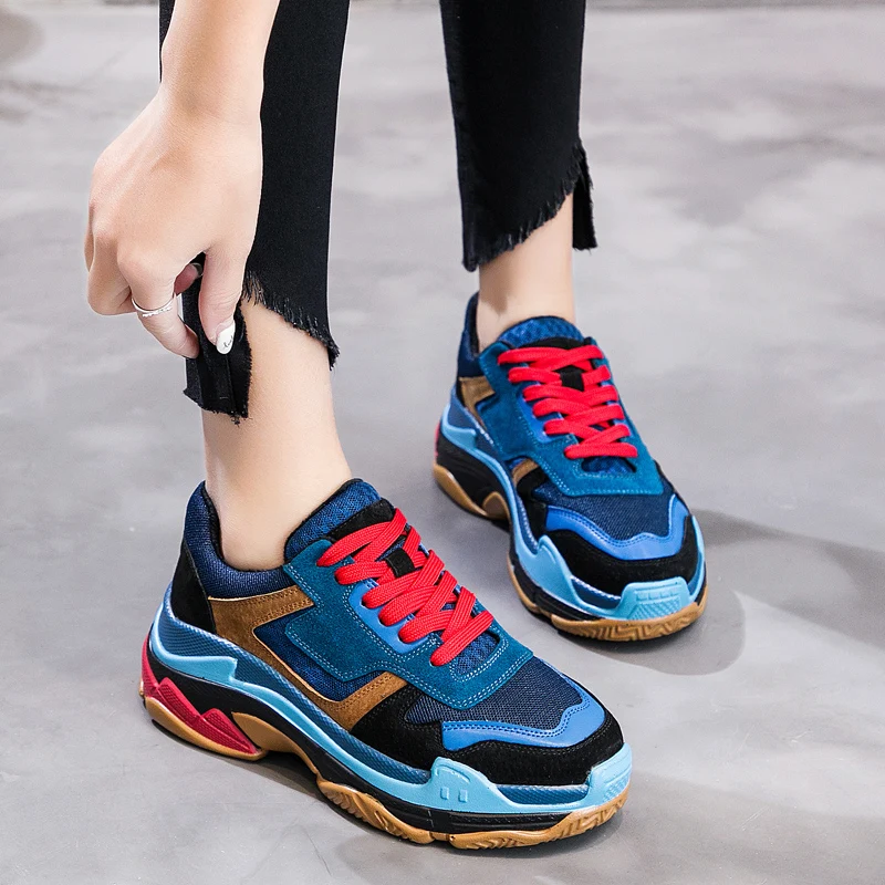 Cheap RASMEUP Genuine Leather Mesh Women s Chunky Sneakers 2019 Fashion Brand Flat Platform Women Trainers Shoes Woman Dad Footwear