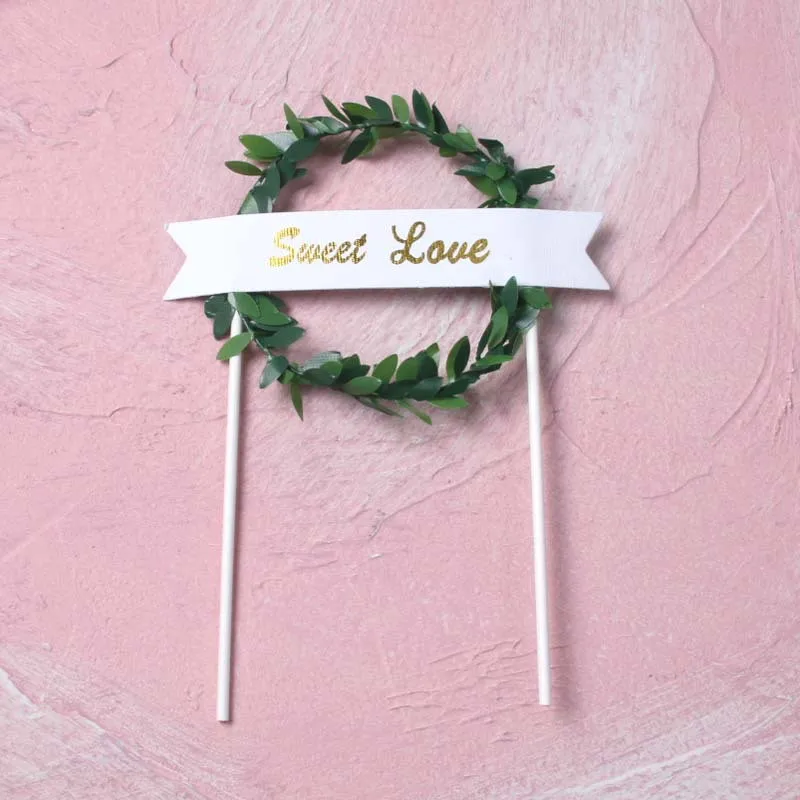 1 Pcs Leaf Wreath Cupcake Cake Topper Happy Birthday Sweet Love Cake Top Flags for Love Family Birthday Party Cake Decoration