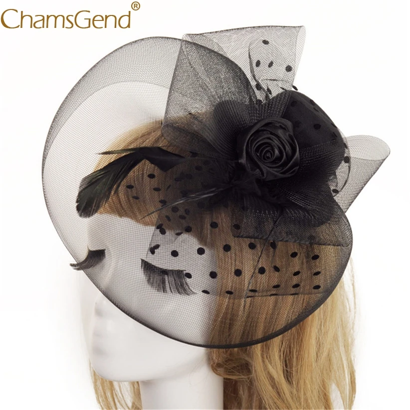 

Chamsgend Newly Design Quality Lady Fascinator Dot Print Hair Accessory Clips Mesh Fedoras Women Mini Hat 80704