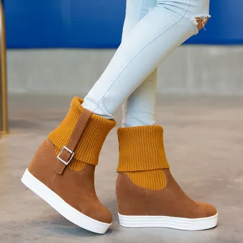 

New Stylish Women Mid-Calf Boots Fashion Round Toe Height Increasing Boots Beautiful Black Brown Red Shoes Woman US Size 4-10.5