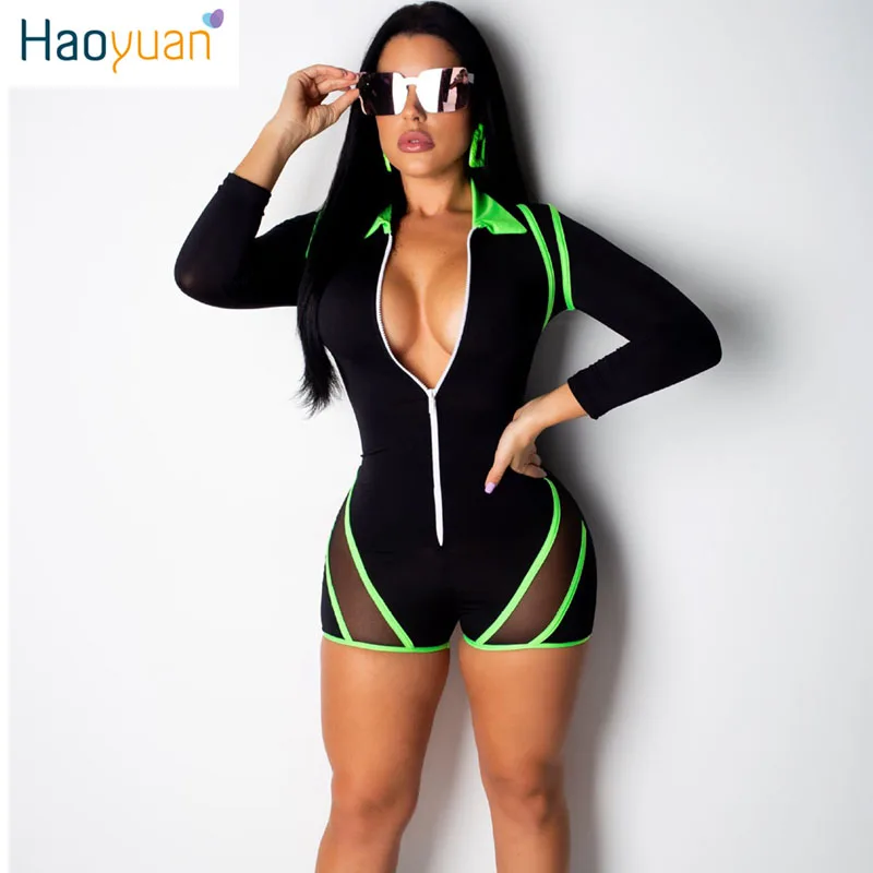 HAOYUAN сетчатые шорты комбинезон женский комбинезон уличная неоновый оранжевый боди с длинными рукавами Летний комбинезон сексуальные костюмы комбинезон