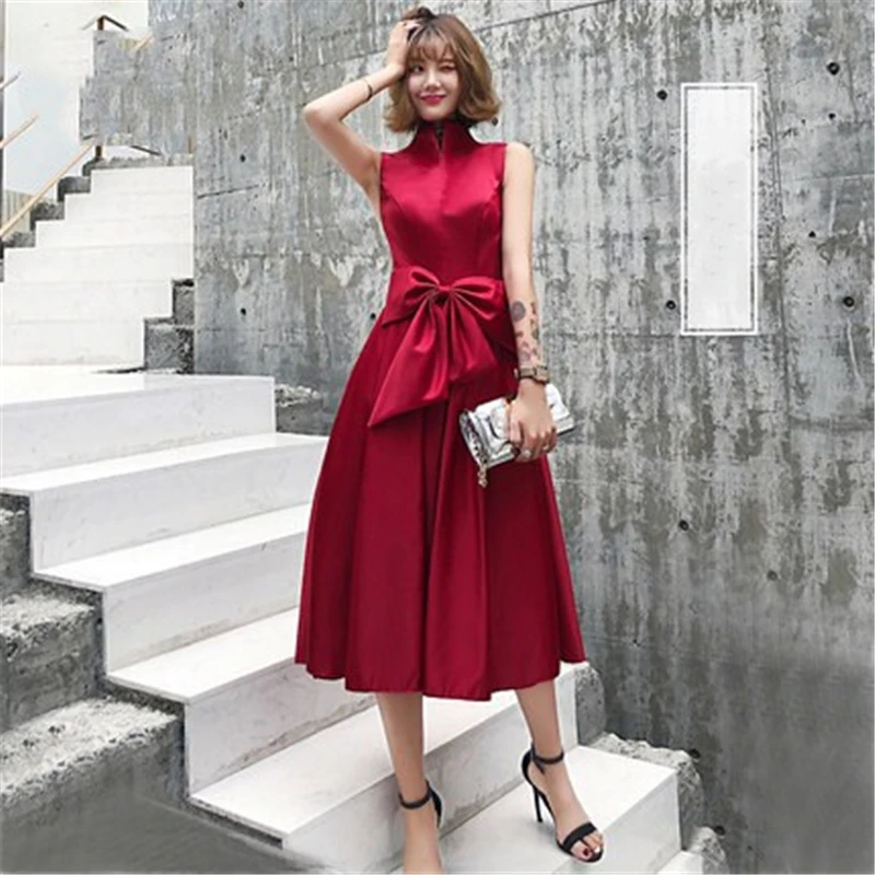 Это YiiYa коктейльные платья, элегантные вечерние Сатиновые платья с галстуком-бабочкой и высоким воротом, без рукавов, длиной до середины икры, с молнией сзади, торжественное платье E396 - Цвет: wine red