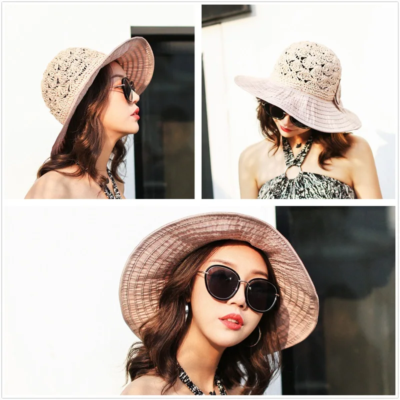 Women Patch Splicing Straw Hat Fashion Wide Brim Bow Cap Ladies Headwear Summer Travel Outdoor Beach Sun Hats CP0196 (4)