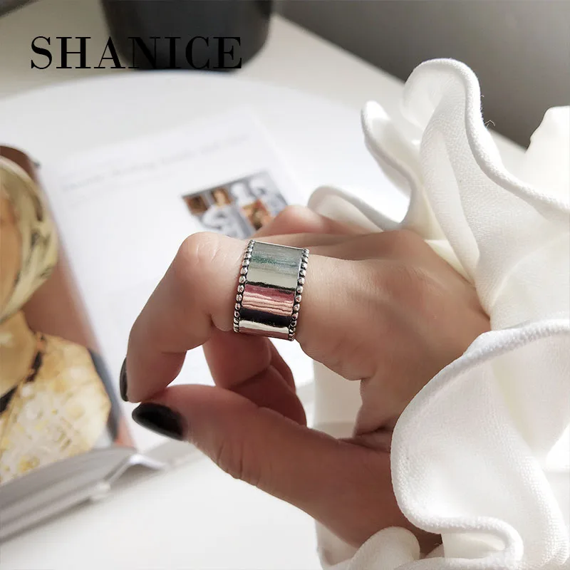 Ретро знаменитостей 925 пробы серебряные ювелирные изделия широкие глазурованные Открытые Кольца для женщин гладкое лицо большие кольца панк Bijoux индивидуальность