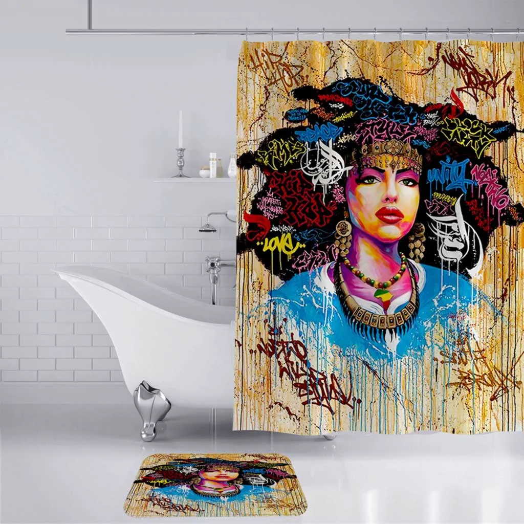 

4Pcs/sets Ethnic girl pattern Non-Slip Toilet Cover Mat Set+Carpet+Shower Curtain with hooks Bathroom accessories Set F529