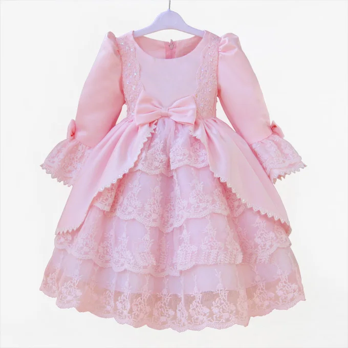 Европейское торжественное платье для девочек, розовое нарядное танцевальное платье в западном стиле для девочек 2, 3, 4, 6, 8, 10, 12 лет, одежда для девочек, KD-1436 - Цвет: long sleeve