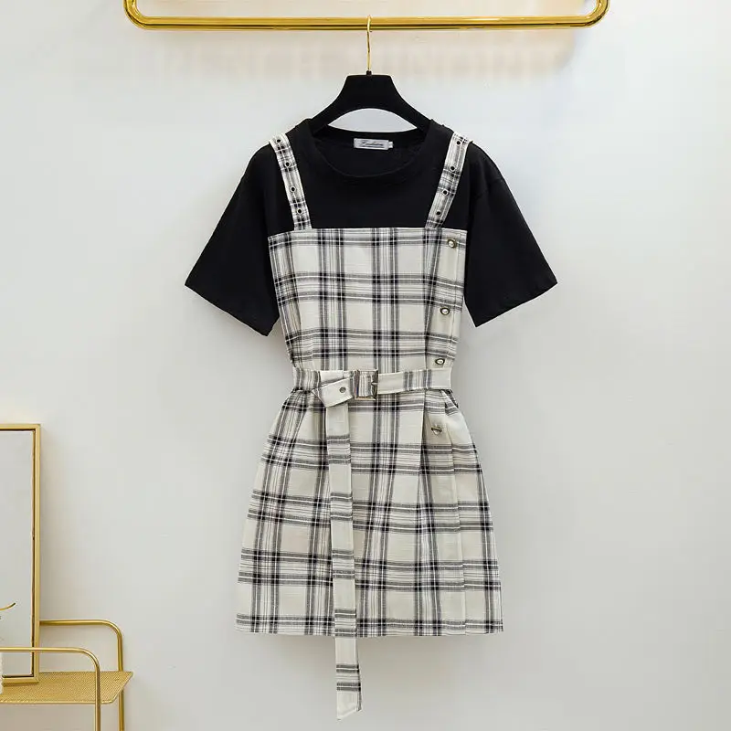 

ICHOIX Casual striped 2 pieces sets dress summer student girl A-Line Korean dress sweet short women dress with belt+Black tshirt