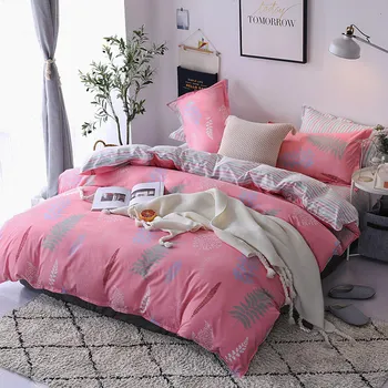 

Simple Style Pink Polyester Bedding Set For Girls Plant Pattern Duvet Cover Sets Twin Queen Size Bed Linens for All Seasons
