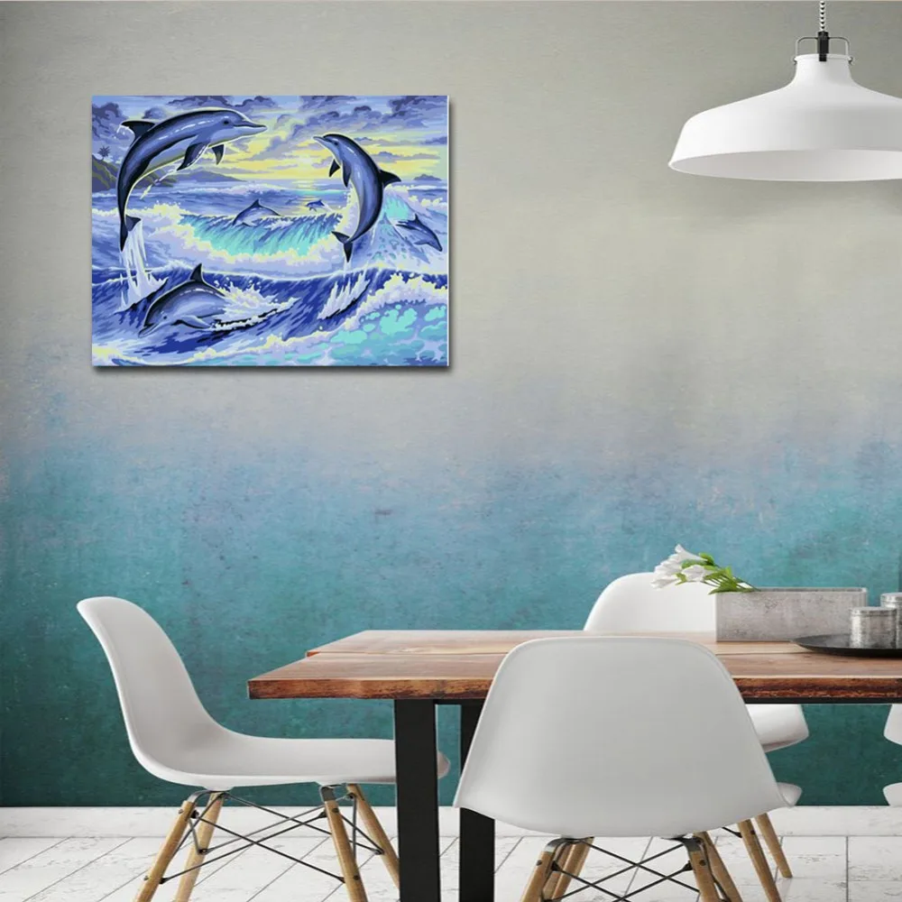 Wonzomイルカ数字抽象動物の油絵海波cuadros Decoracionアクリルにペイントキャンバス現代アート 絵画 書道 Aliexpress