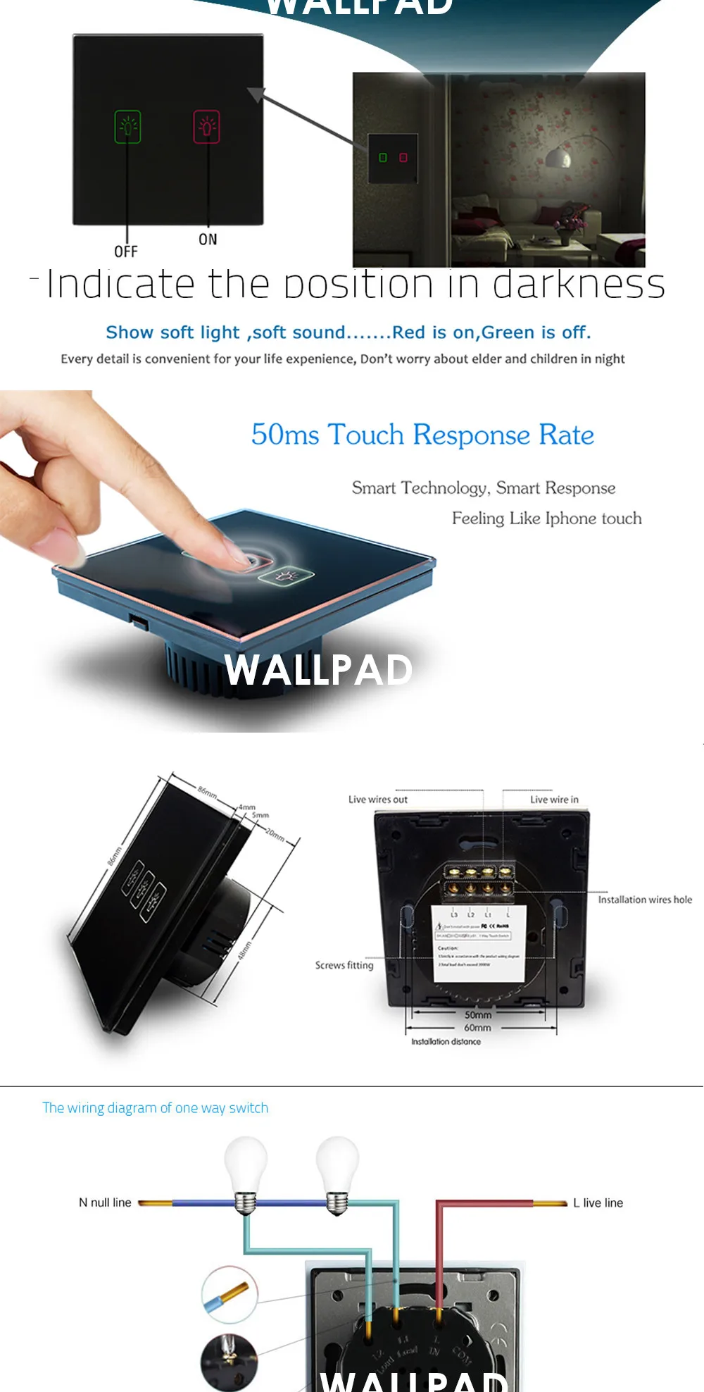 fio LED, interruptor de parede, toque de