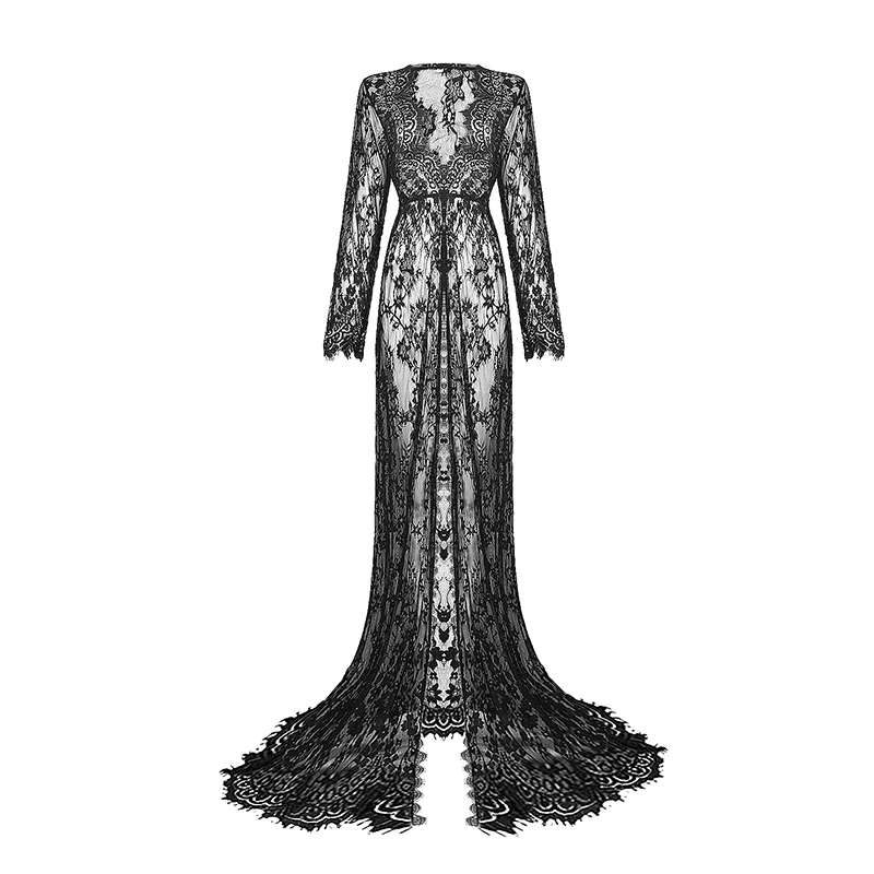 

Long Womens Maternity Lace Evening Photography Dress Party Ball Gown Prom See-through Dress One Size
