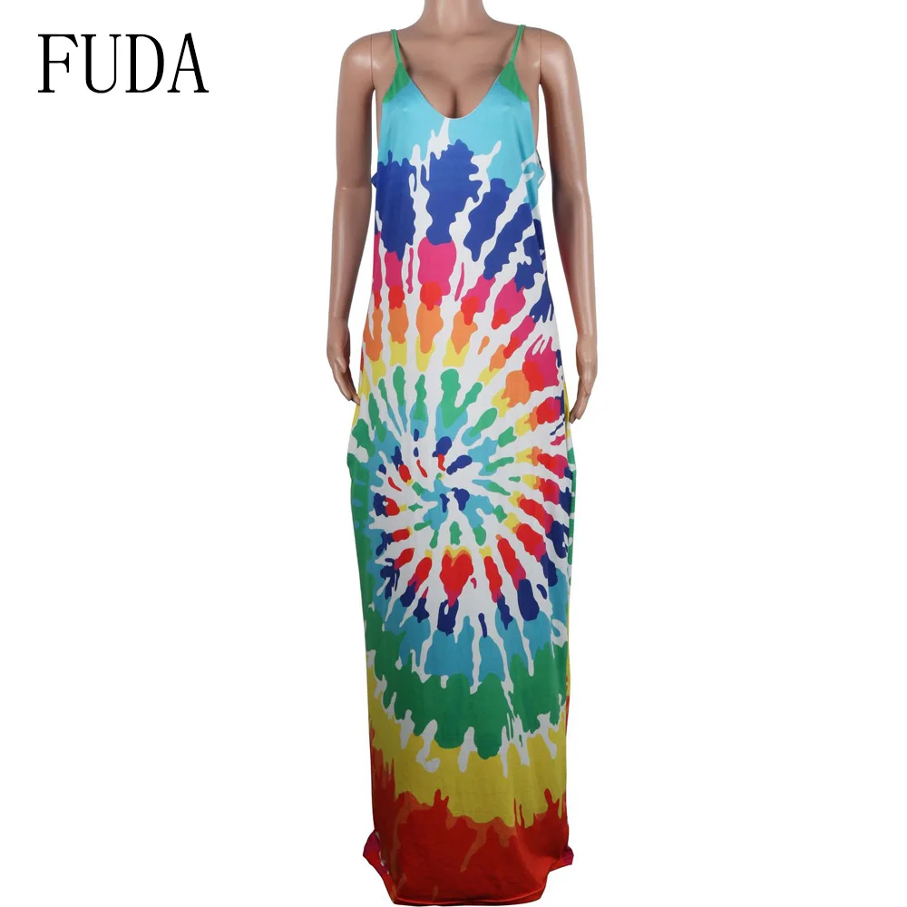 FUDA Casual Vintage Classic Loose Maxi Dress Printing Sleeveless V Neck Floor Length Summer Beach Party Long Dresses Female