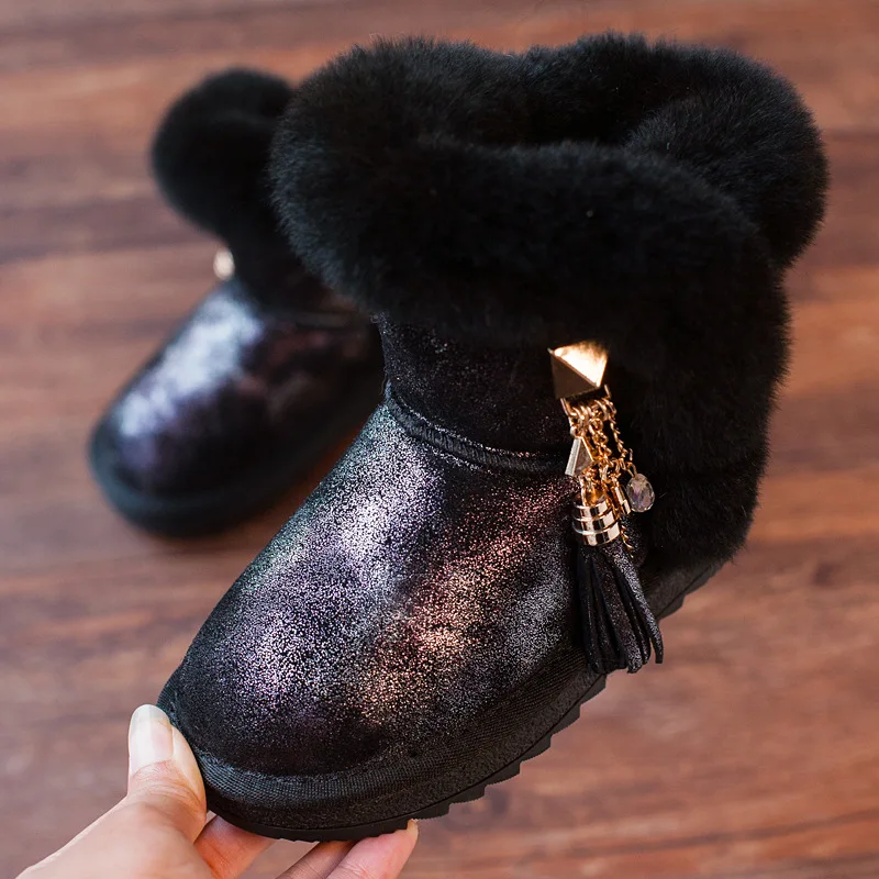 ULKNN/Новинка; зимние сапоги для девочек; кожаные детские сапоги принцессы с кроличьим мехом; бархатные хлопковые сапоги; обувь с кисточками