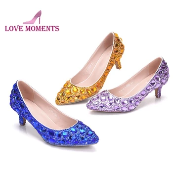 

2019 Cinderella Prom Party Low Heel Shoes Royal Blue Purple Gold Rhinestone Bridal Wedding Shoes Handmade Bridesmaid Shoes