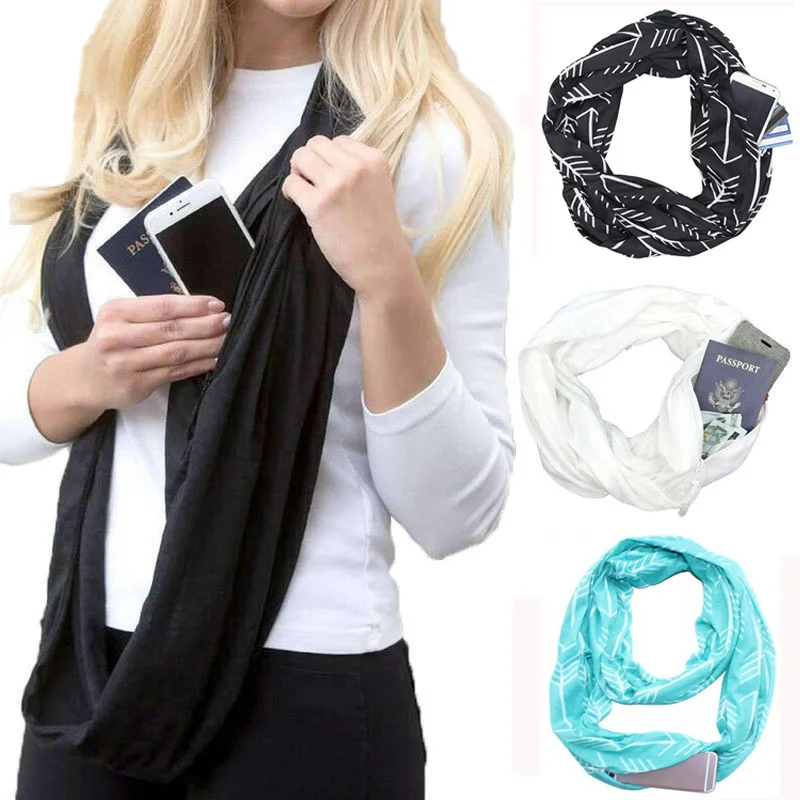 Autumn Fashion Lovers Pocket Infinity Scarf With Zipper Portable Travel