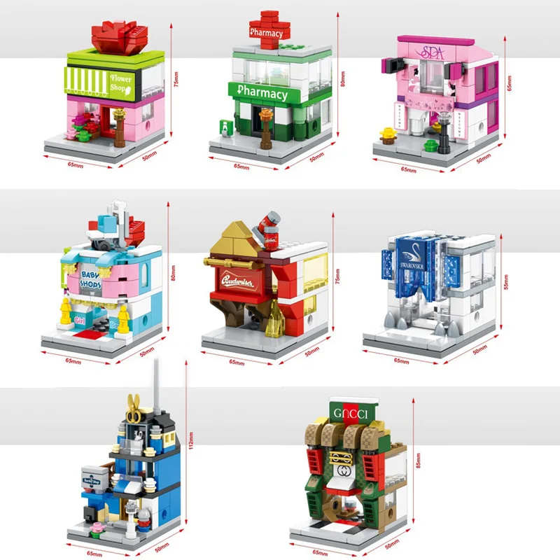Hot city mini street view building block flower baby Barber shop Budweiser bar Pharmacy Luxury fashion jewelry store bricks toys baby-building-blocks