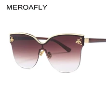 MEROAFLY Semi-rimless Sunglasses Women Cat Eye Sexy Red Gold Brown Oversized Cat Eye Sun glasses Ladies Retro Metal Frame UV400