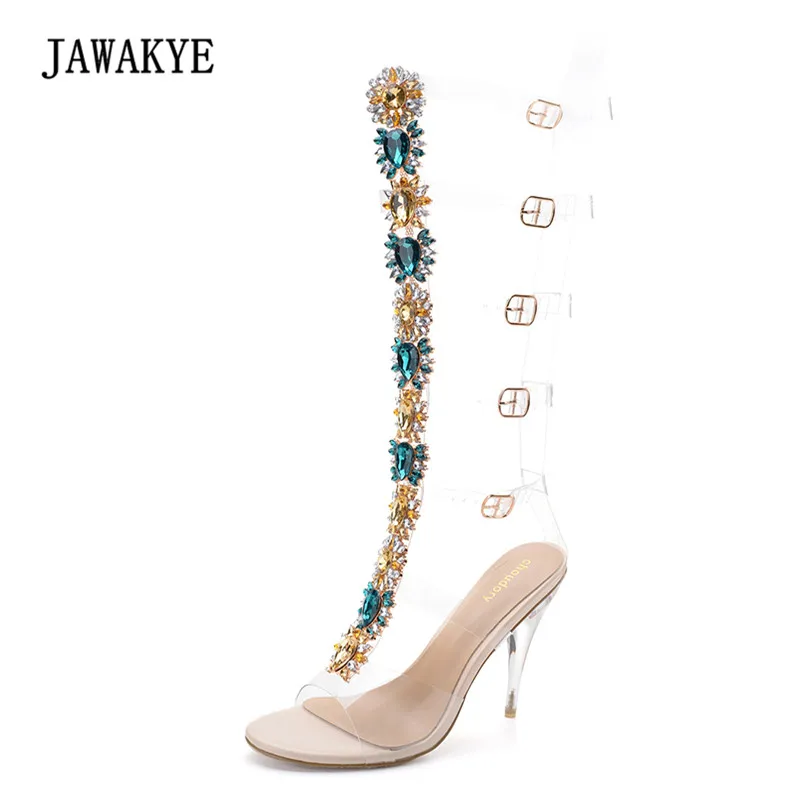 

2018 Sexy Pvc Transparent Knee High Boots Woman Open Toe T-strap Rhinestone Diamond Clear High Heel Shoes Women Gladiator Sandal