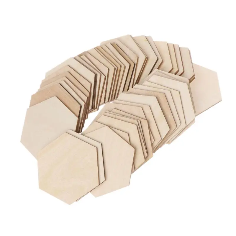

50pcs Hexagon Laser Cut Unfinished Wooden Discs Embellishments Arts Crafts DIY Birthday Wedding Display Decor 60mm