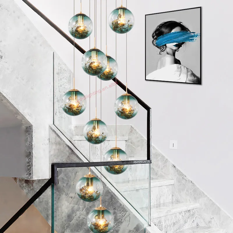 Арт-деко подвесной домашний декор длинная фойе Лестница Современная ручная выдувная стеклянная люстра свет для высоких потолков