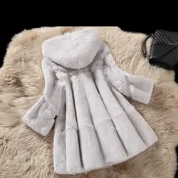 Вся кожа с натуральным кроличьим мехом зимняя куртка outwerwear женщины линия свободный крой натуральный Меховые пальто с капюшоном 2018 осенью