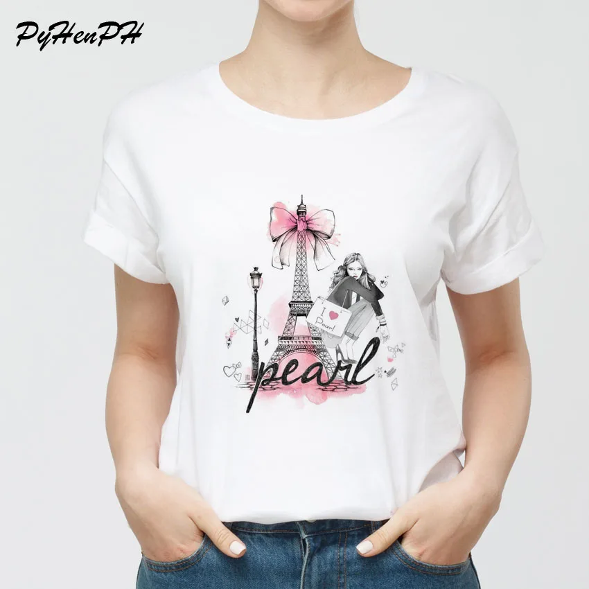 Летняя футболка с Эйфелевой башней, Женская забавная винтажная модная футболка, Женская белая футболка с круглым вырезом, женская одежда Tumblr