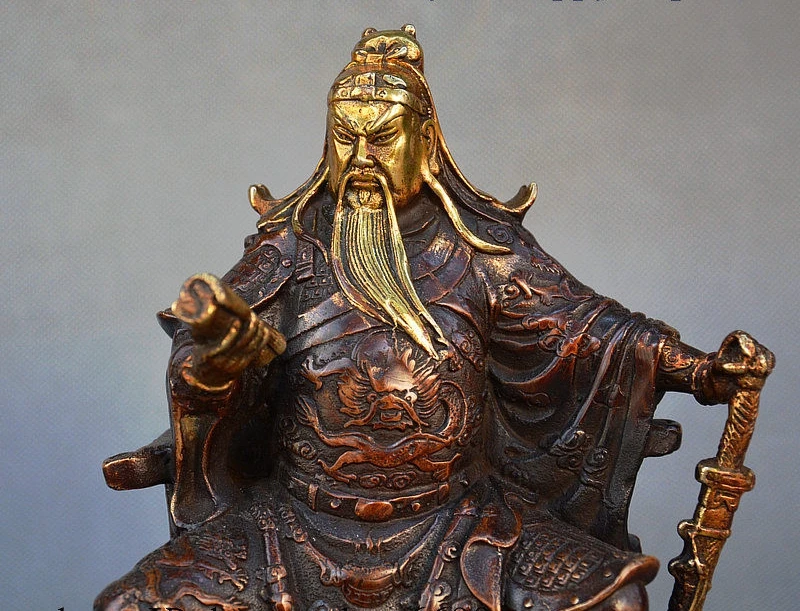 Древний Китай Бронзовая позолоченная книга Дракон Воин Guangong Guan Yu Ares статуя
