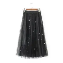 Multi Layers Women High Waist Mesh Maxi Long Tulle Skirt Faux Pearl Flower Embellishment Flowy Solid Color Party A-Line elastic waist crinkle flowy skirt