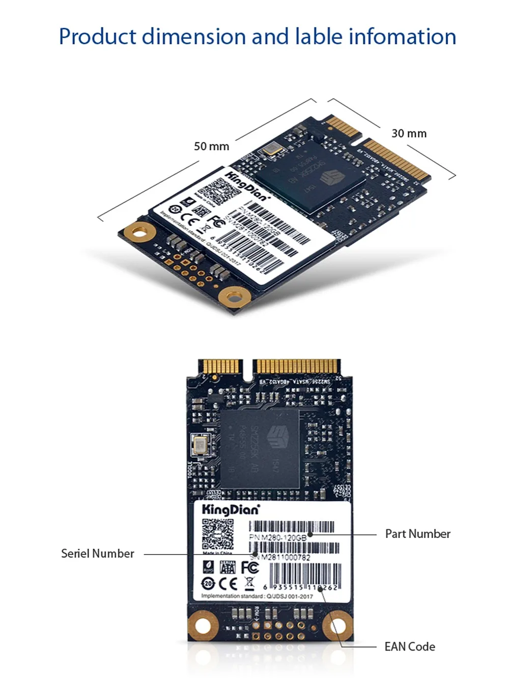 KingDian фабрика Гарантия качества MSATA3 внутренний M280 120 ГБ 496/382 Мб/с SSD