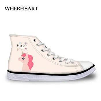 

WHEREISART Sneakers Canvas Shoes High Classic Unicorn Head Beige Vulcanize Shoes Women Flat Casual Ankle Shoes Studnets Zapatos
