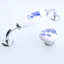128mm modern rural white and blue porcelain wardrobe kitchen cabinet door handles silver chrome drawer tv table knobs pulls 5″