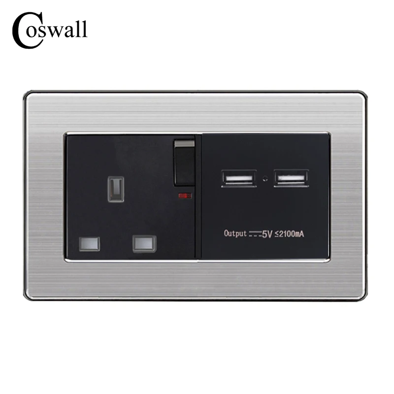 

COSWALL Wall Socket UK Standard Power Outlet Switched With Dual USB Charge Port For Mobile 5V 2.1A Output Stainless Steel Panel