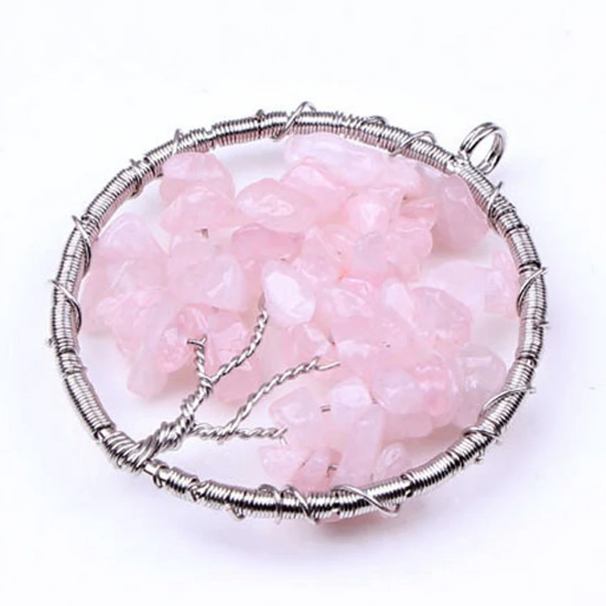 

100-Unique 1 Pcs Silver Plated Natural Rose Pink Quartz Stone Round Wire Wrapped Tree of Life Pendant Fashion Jewelry