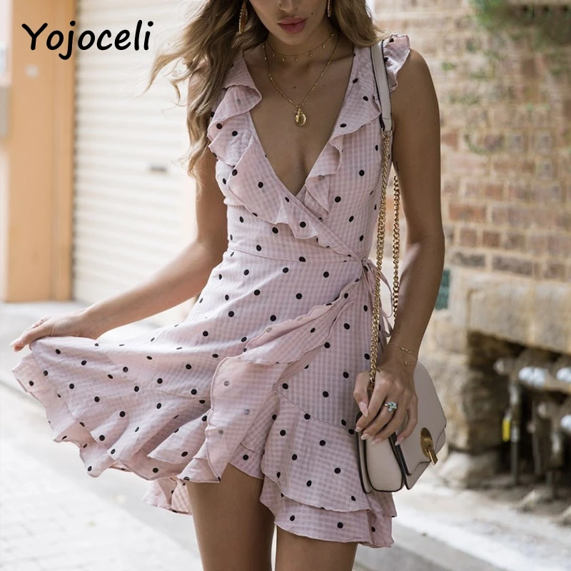 

Yojoceli 2018 summer wrap ruffled dress women boho beach dot plaid print dress chic v neck asymmetrical French dress vestidos