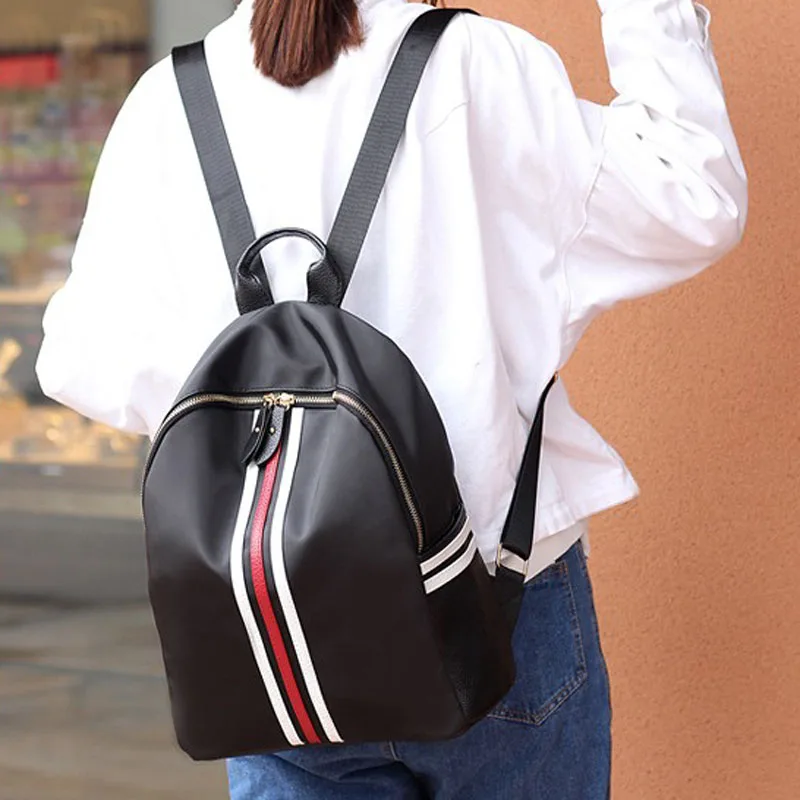 Женский рюкзак, школьные сумки для девочек-подростков, Нейлоновый, на молнии, в полоску, дизайн, черный, женский рюкзак, модные дорожные сумки, Femme Mochila