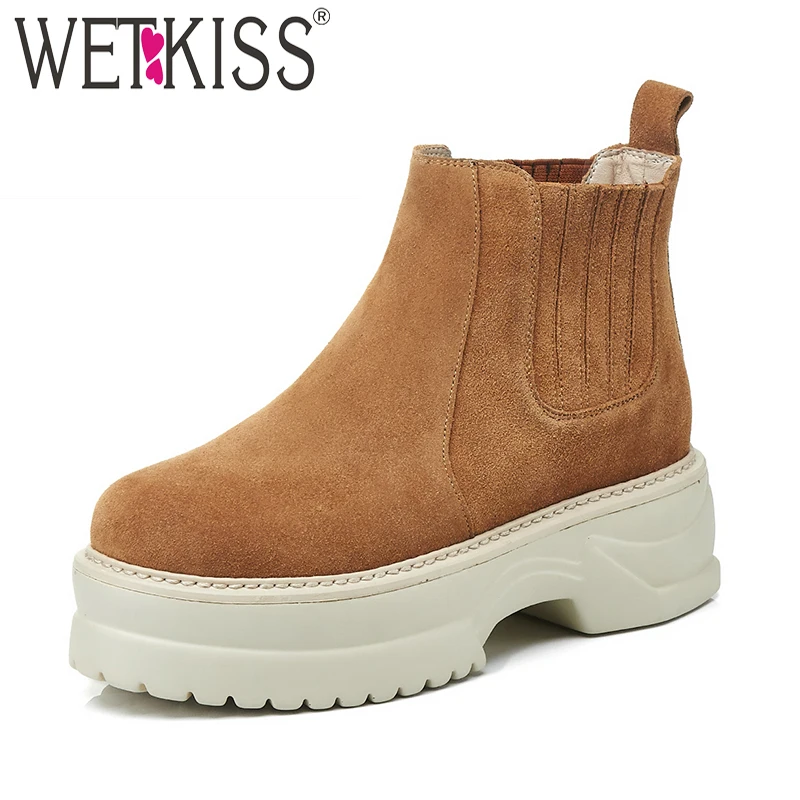 

WETKISS Cow Suede Women Ankle Boots Round Toe Elastic Flat Sole Footwear Platform Female Boot Casual Shoes Woman Winter 2018 New