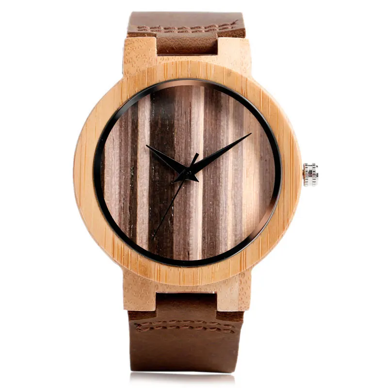Top Gifts 2017 Natural Wooden Watch Men Women Bamboo Stripe Face Simple Analog Clock Male Genuine Leather Bangle Reloj de madera 2017 (1)