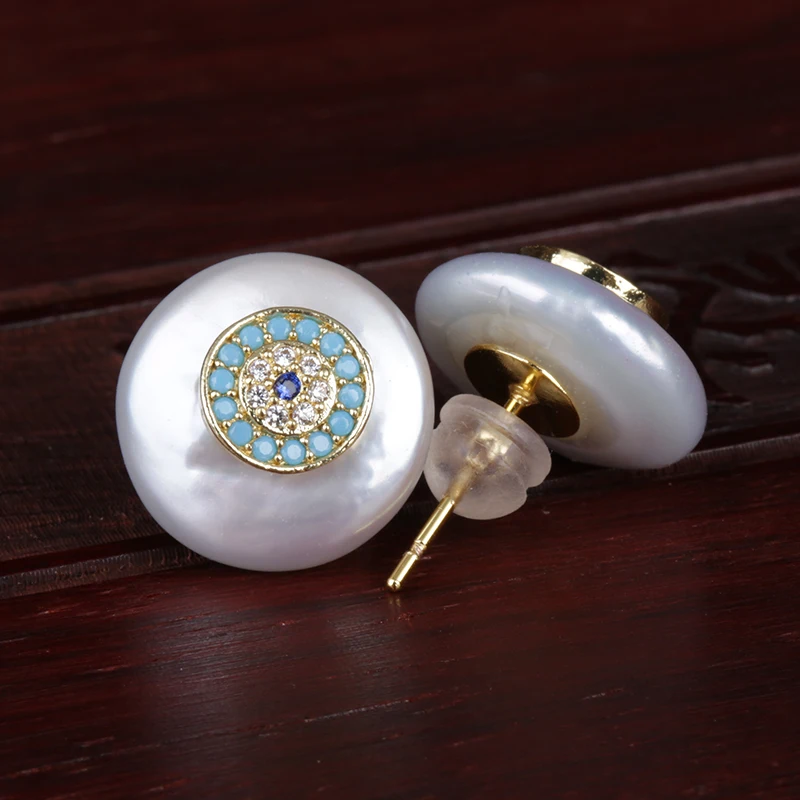 Женские серьги гвоздики с натуральным пресноводным жемчугом pave mint white cz