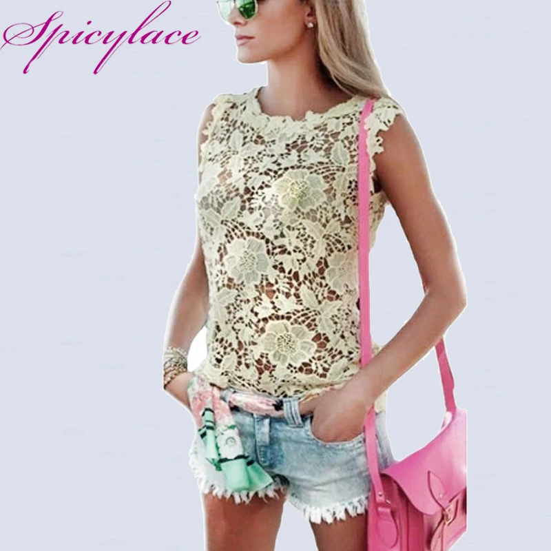 

Spicylace Womens Korean Style Summer Hollow Out Floral Lace Tops Solid Color O-Neck Sleeveless Flower Lace Blouse Beach Tops