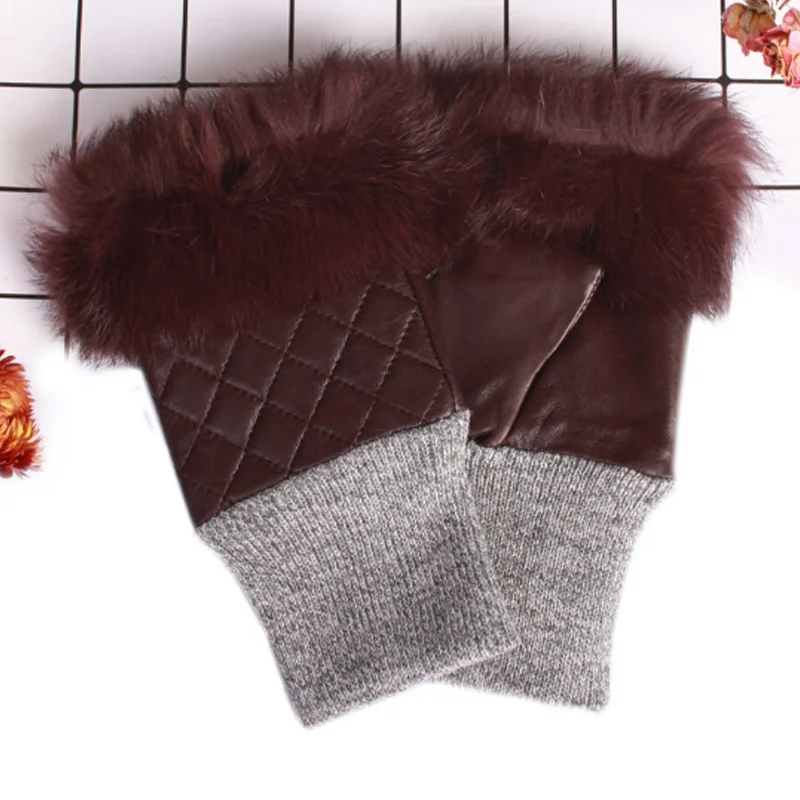 Модные перчатки из искусственного кроличьего меха, варежки из натуральной овчины, теплые зимние перчатки для женщин, перчатки без пальцев ST042 - Цвет: brown