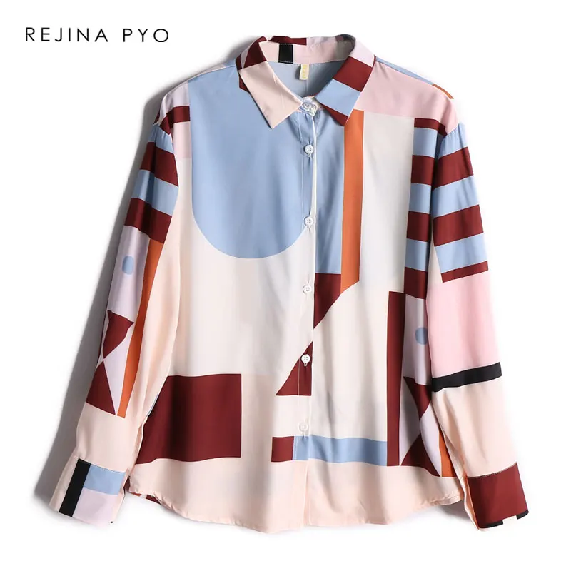 

BIAORUINA Women Geometric Print Fashion All-match Tops Turn-down Collar Female Loose Comfortable Casual Tops