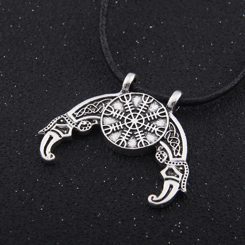 

Norse Odin's Raven Hugin and Munin with Helm of Awe and 24 rune as viking necklace