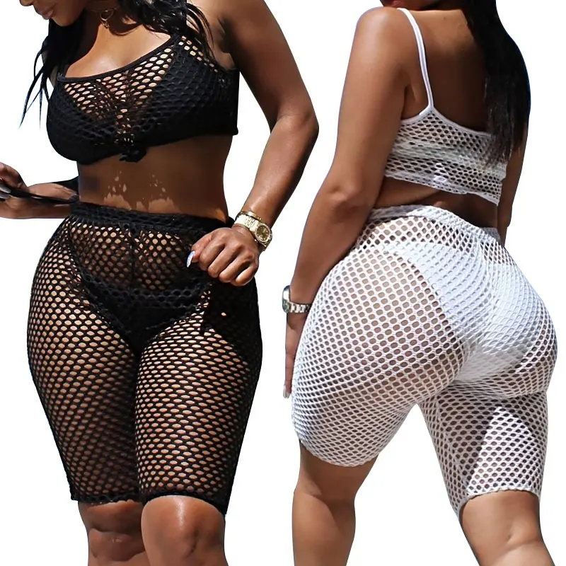 

Sexy Hollow Out Solid Spaghetti Strap Top Women Two Piece Set Drawstring Short Pants Women Suits Summer Style Ladies Tracksuit