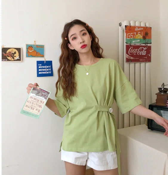 

Mr.nut new straps waist t-shirt long paragraph short-sleeved t-shirt female large size 100kg wild shirt
